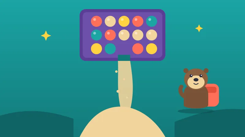 Juno the otter with a big backpack stands below a board of colourful pebbles while golden sand pours down.