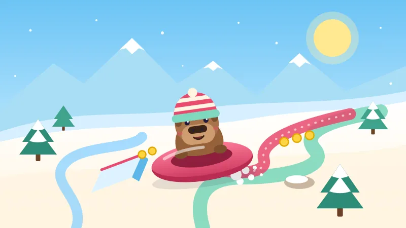 Pip the capybara in a striped beanie rides a pink inner tube down a snowy slope striped with pink and mint trails.